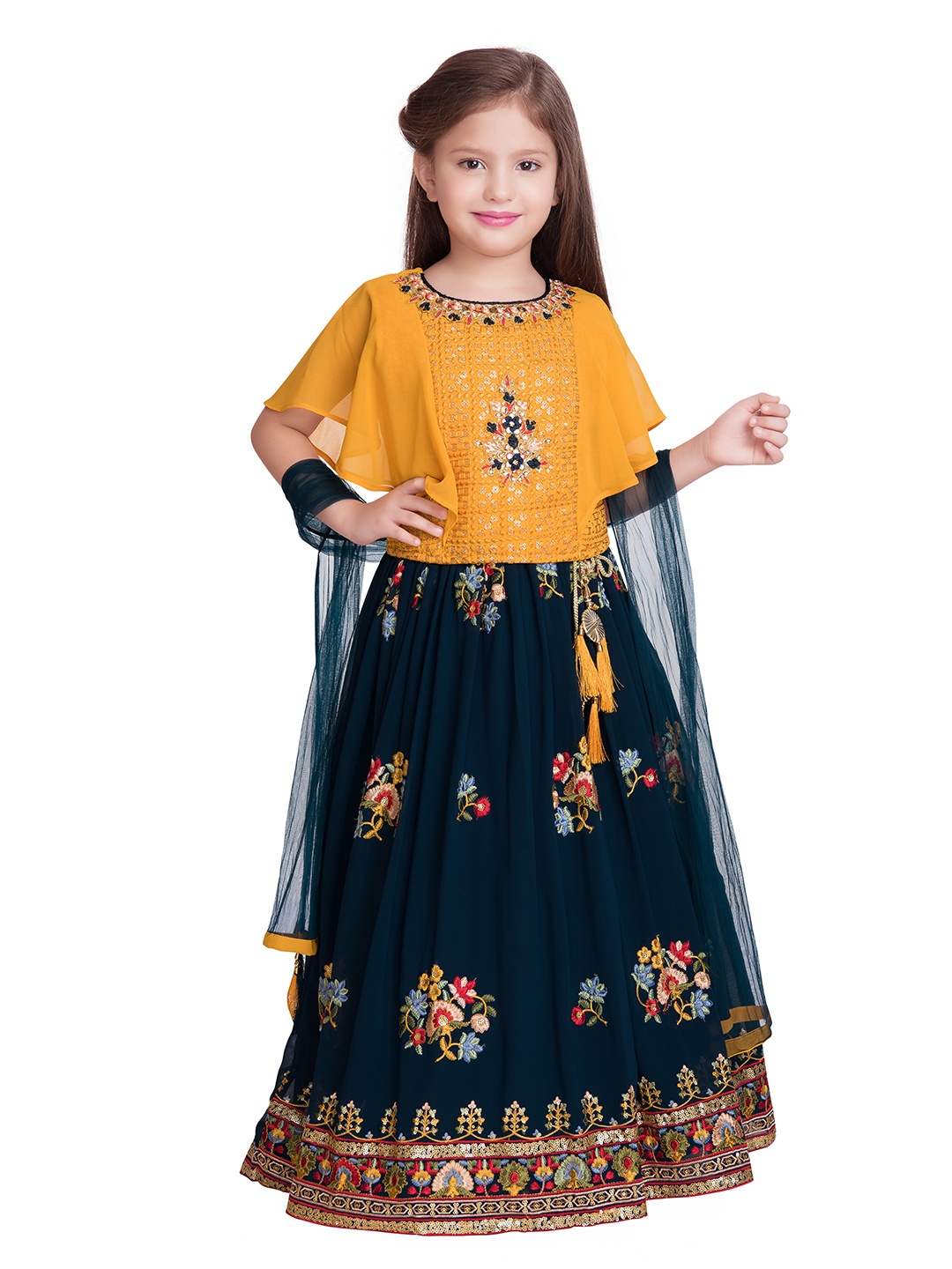 

Tiny Kingdom Girls Mustard & Navy Blue Embellished Lehenga & Blouse With Dupatta