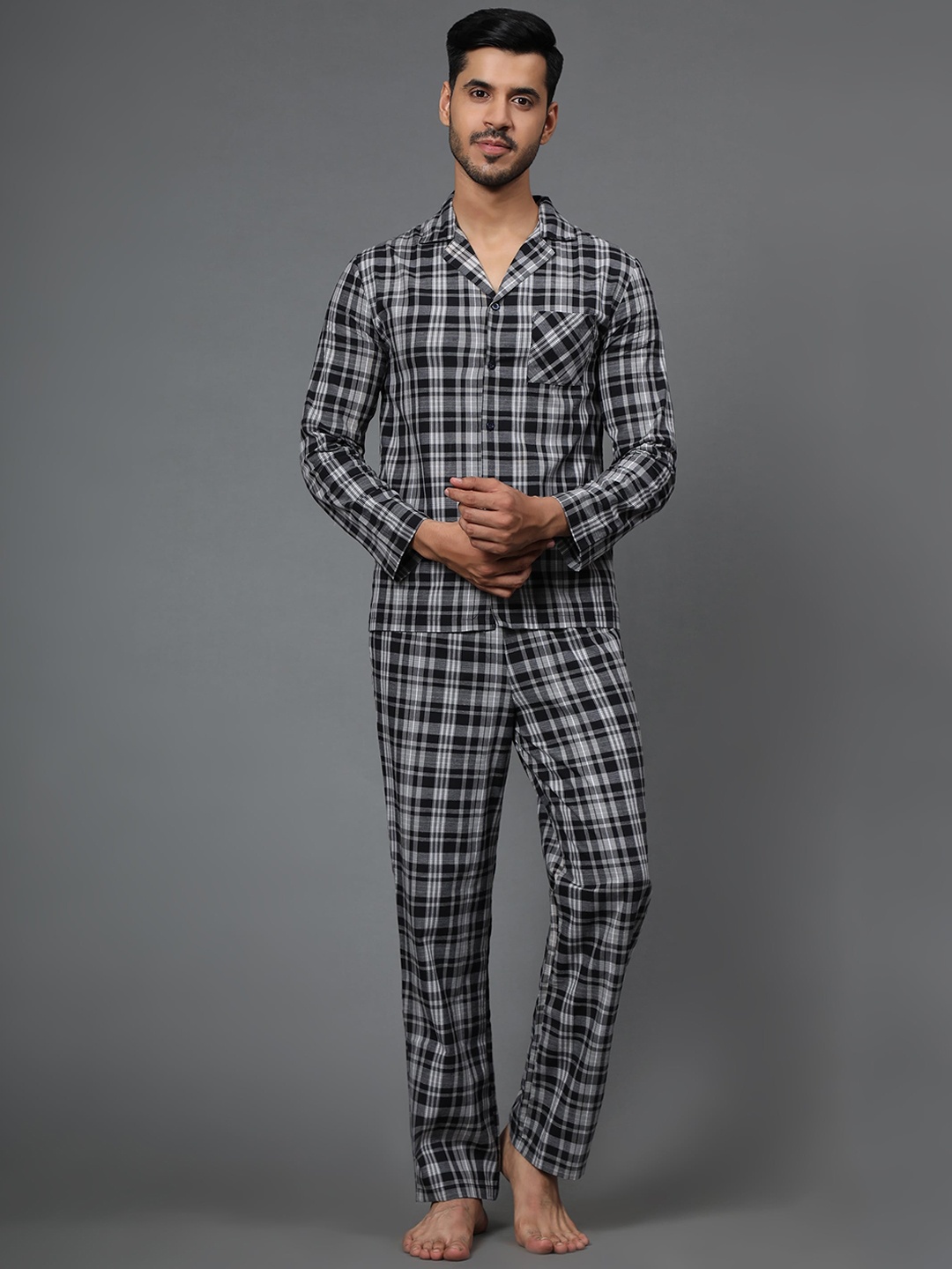 

BStories Men Black & Grey Checked Cotton Night suit