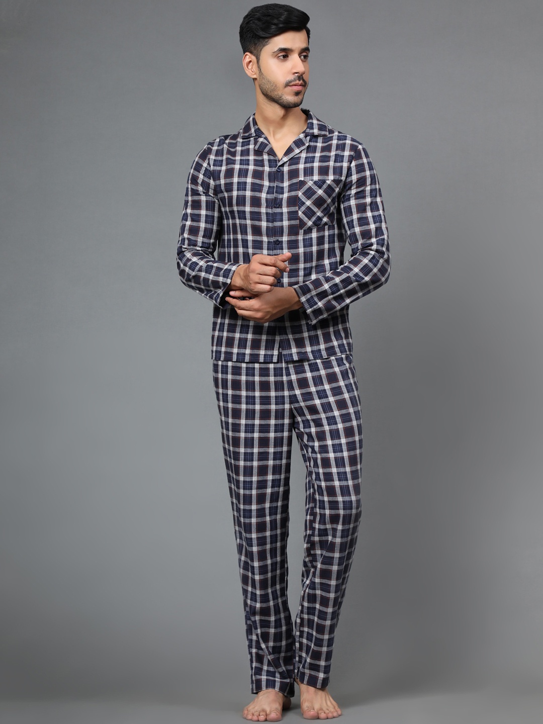 

BStories Men Navy Blue Pure Cotton Checked Night suit