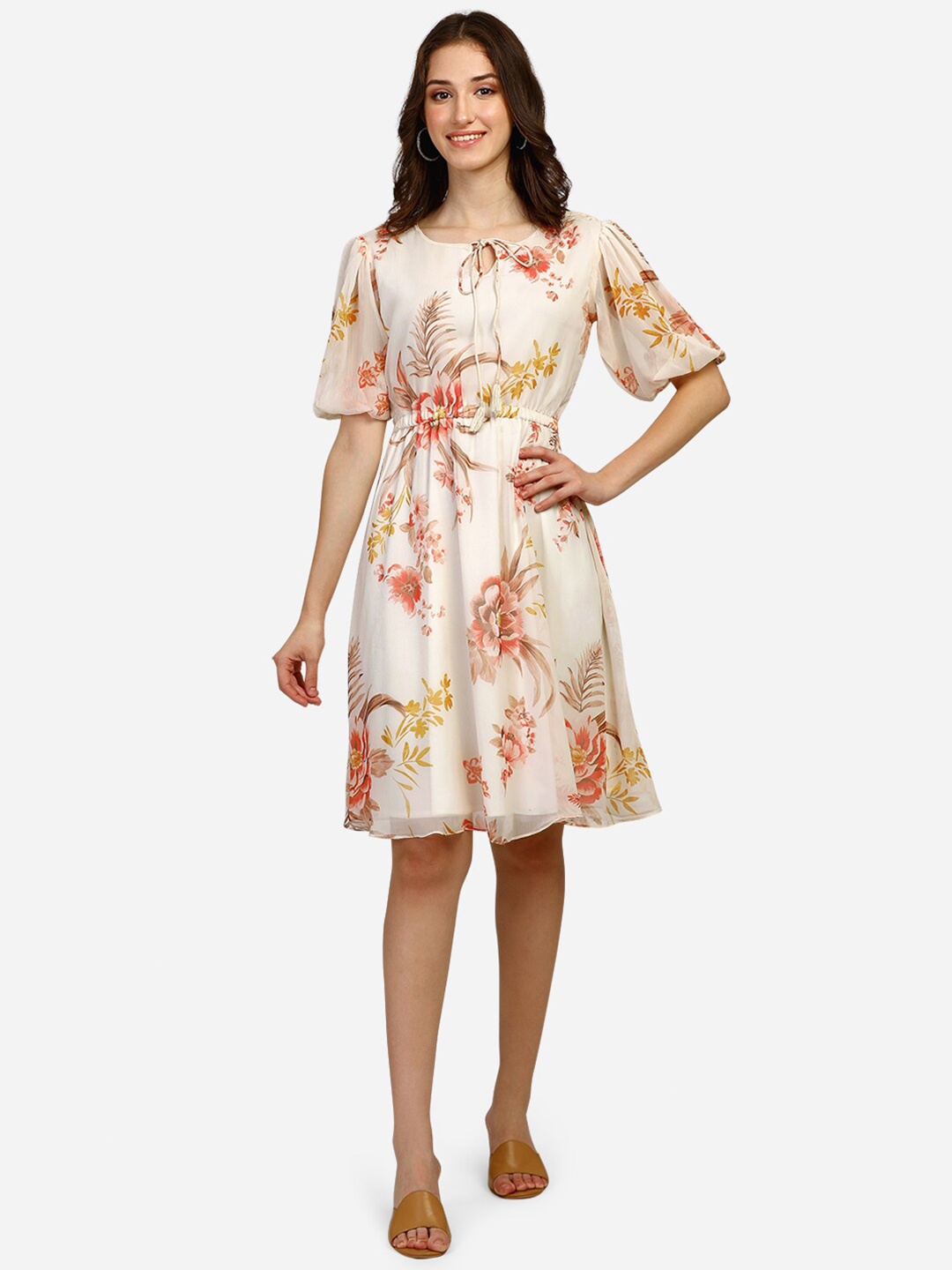 

Fbella Beige Floral Chiffon Dress