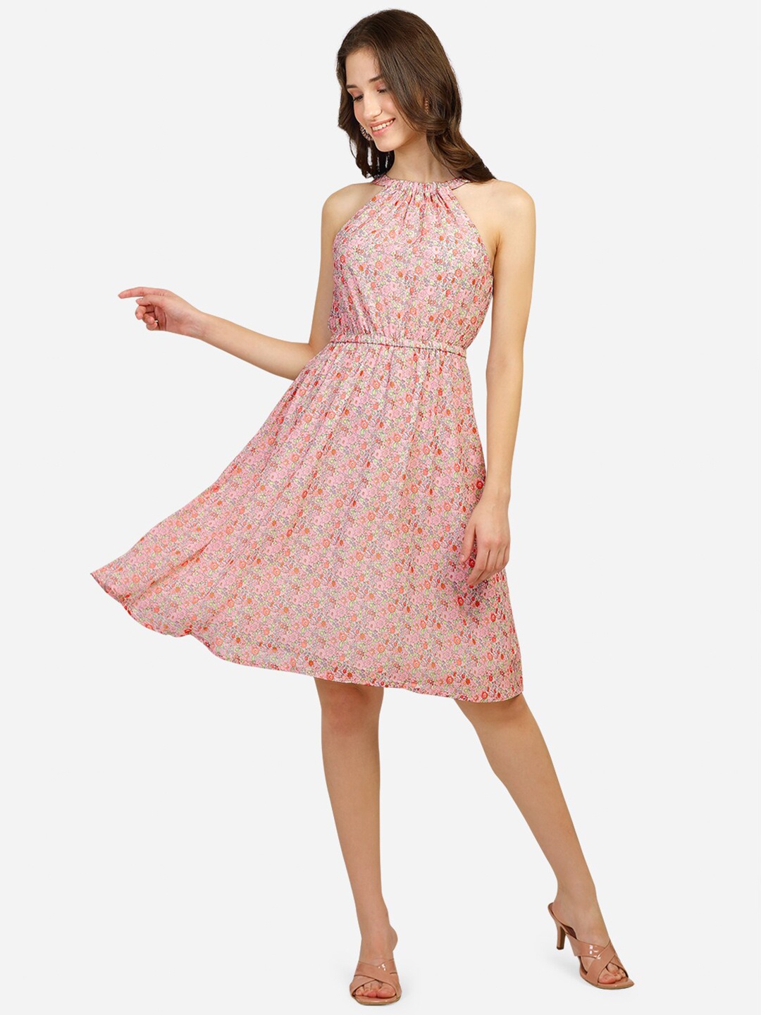 

Fbella Peach-Coloured Floral Layered Georgette Dress