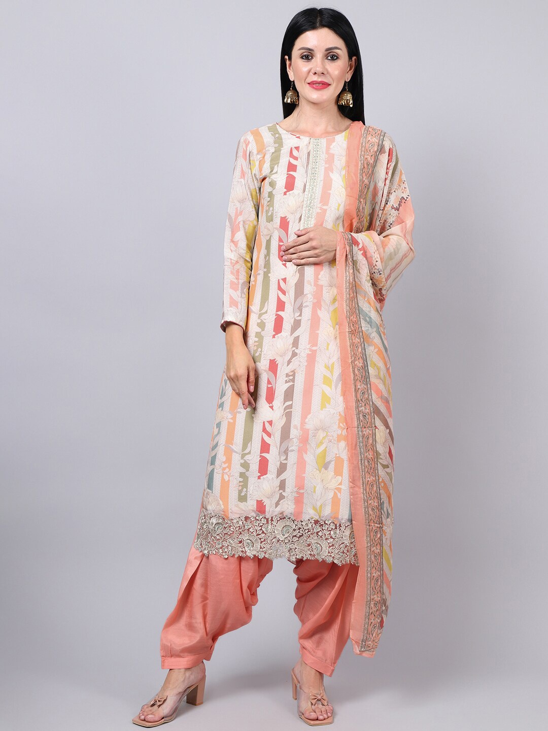 

Stylee LIFESTYLE Off White & Yellow Embroidered Pure Silk Unstitched Dress Material