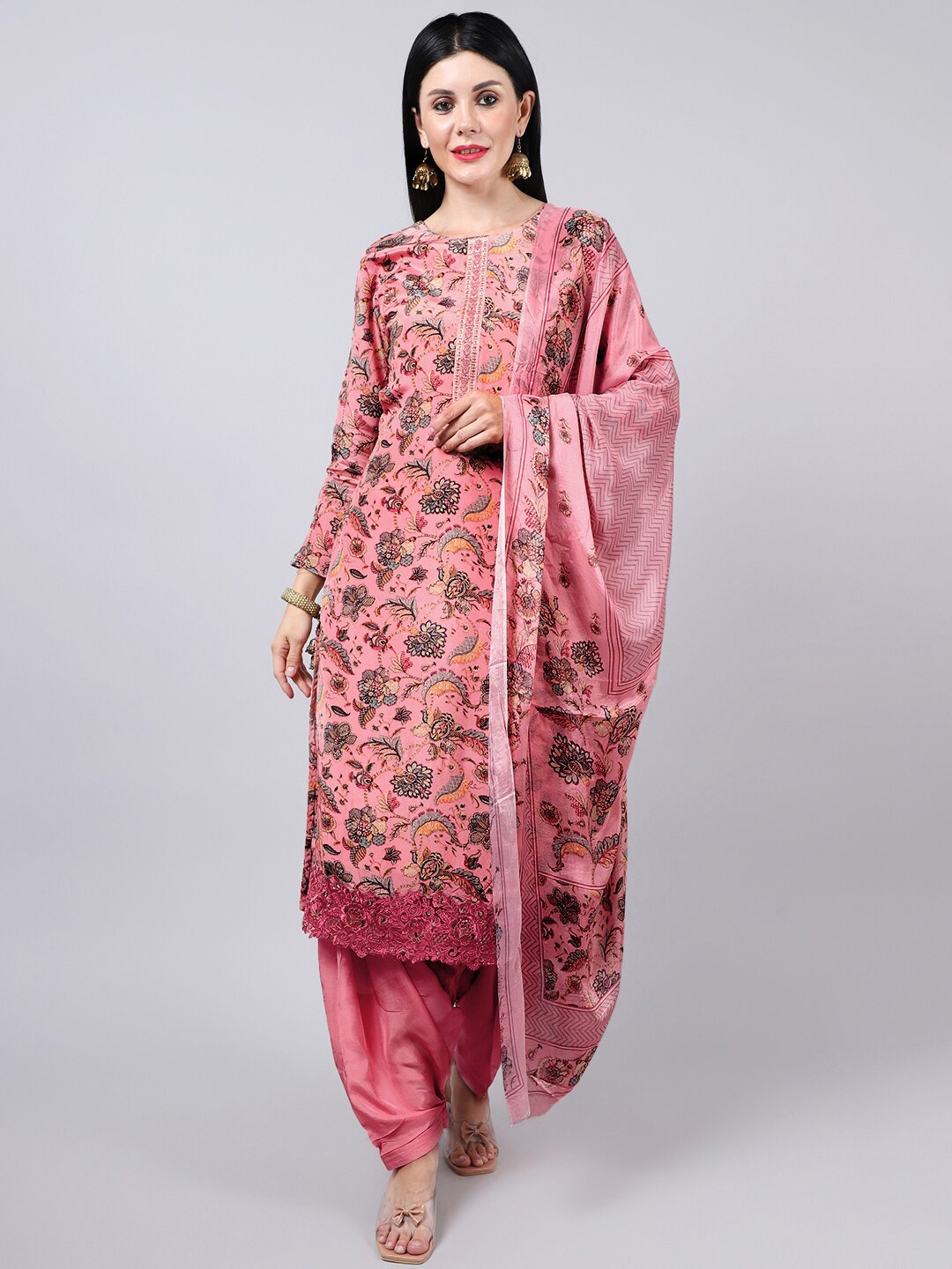 

Stylee LIFESTYLE Pink & Black Embroidered Silk Crepe Unstitched Dress Material