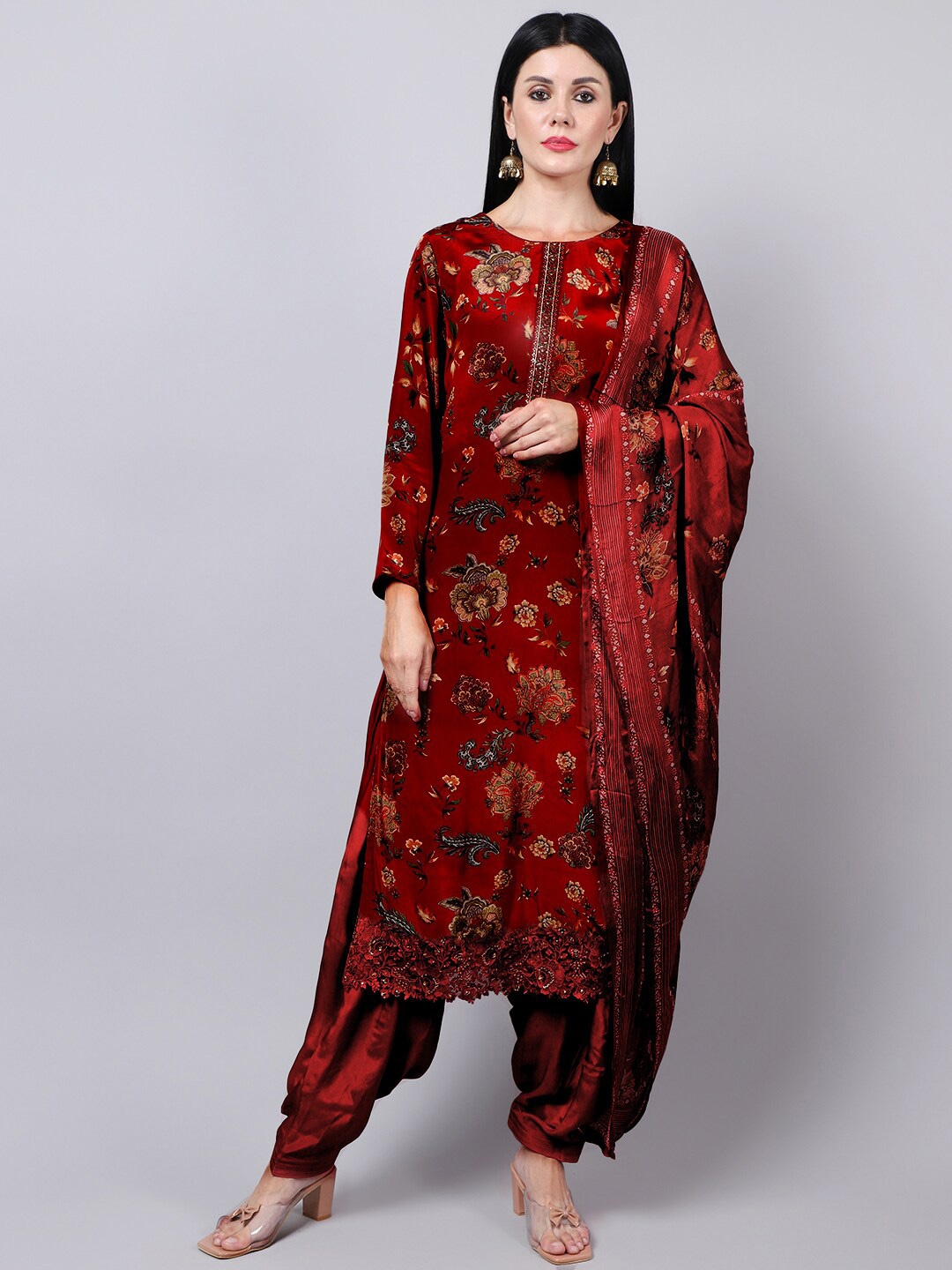 

Stylee LIFESTYLE Women Maroon & Beige Embroidered Silk Crepe Unstitched Dress Material