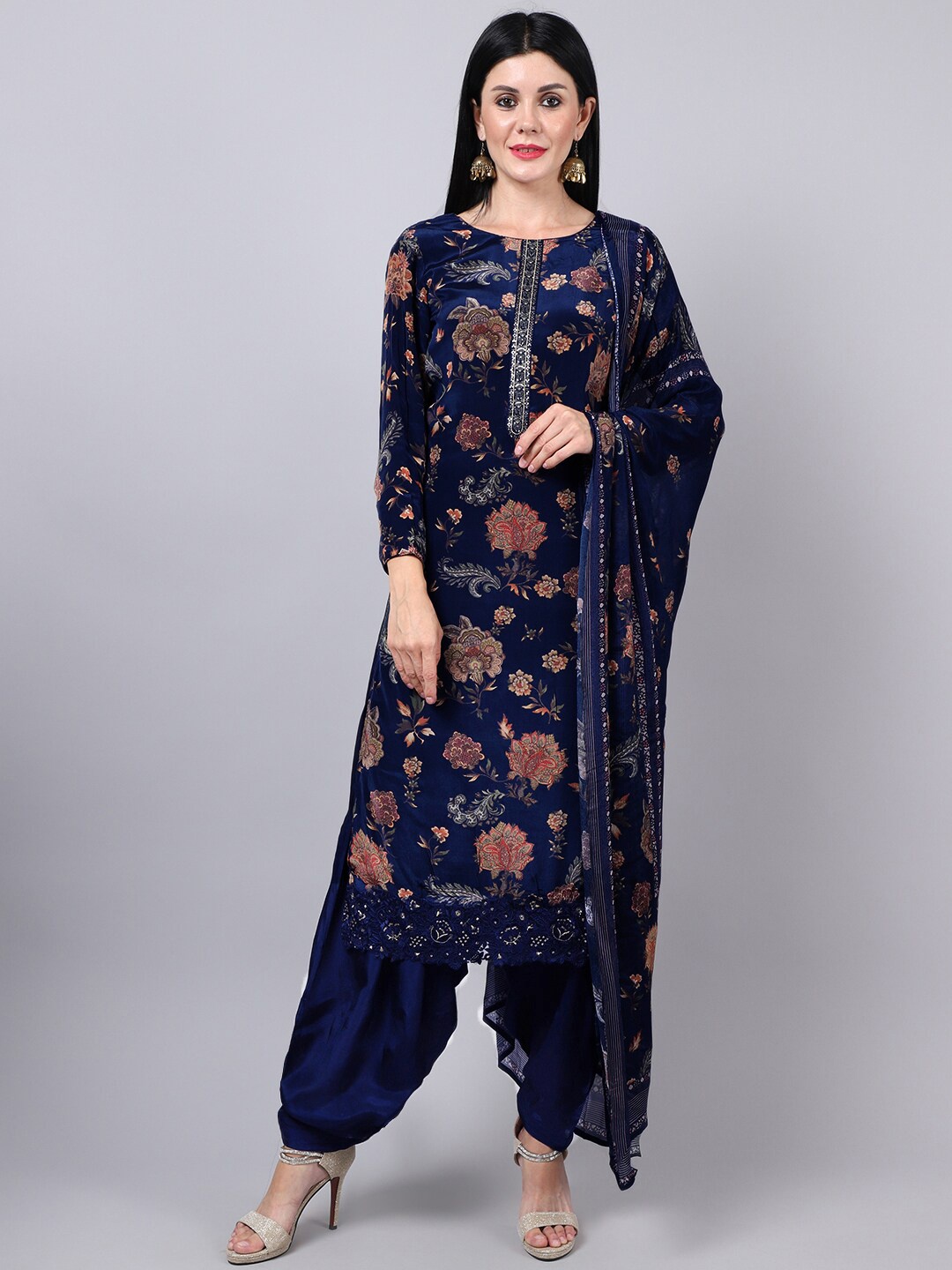 

Stylee LIFESTYLE Navy Blue Printed Silk Crepe Unstitched Dress Material