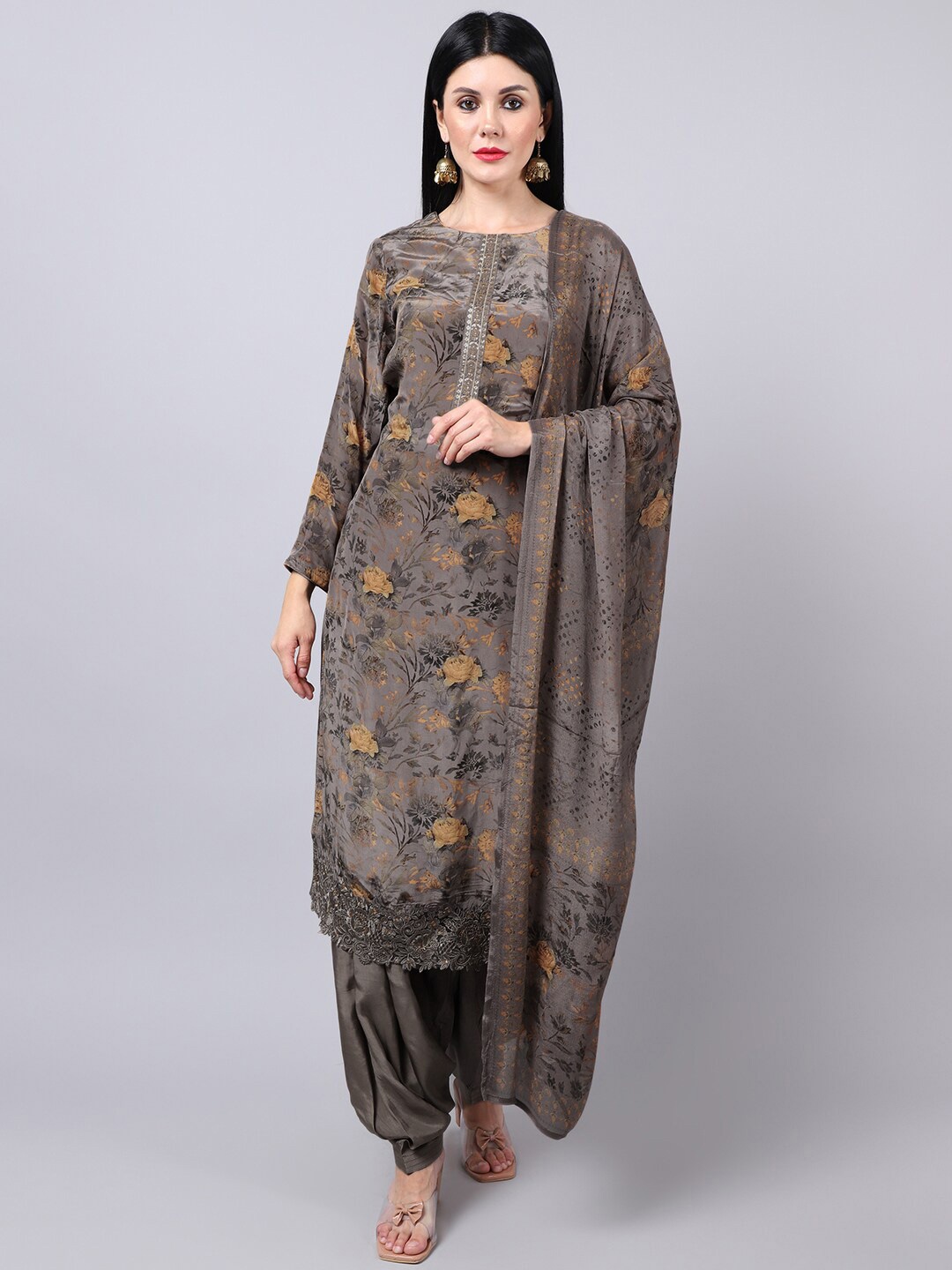 

Stylee LIFESTYLE Grey & Brown Embroidered Silk Crepe Unstitched Dress Material