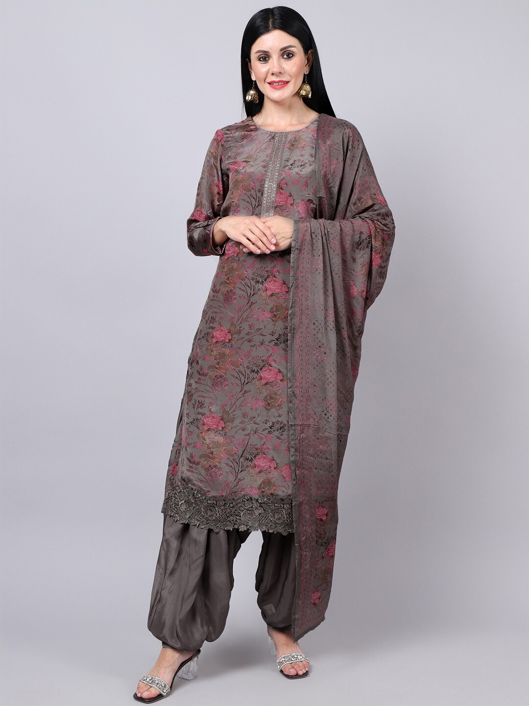 

Stylee LIFESTYLE Grey & Pink Embroidered Silk Crepe Unstitched Dress Material