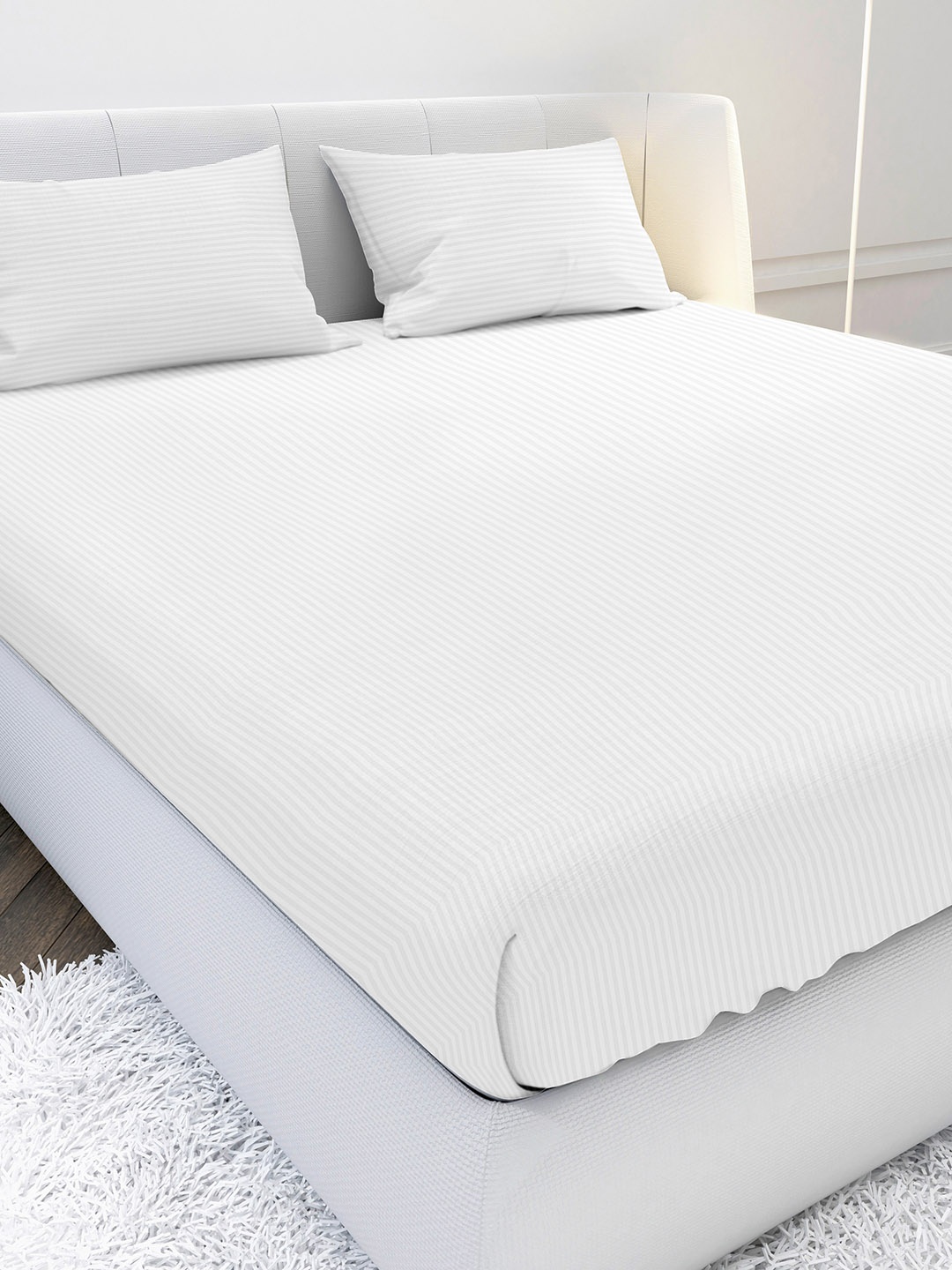 

MAYFAIR HOMES LONDON White Striped 210 TC King Bedsheet with 2 Pillow Covers