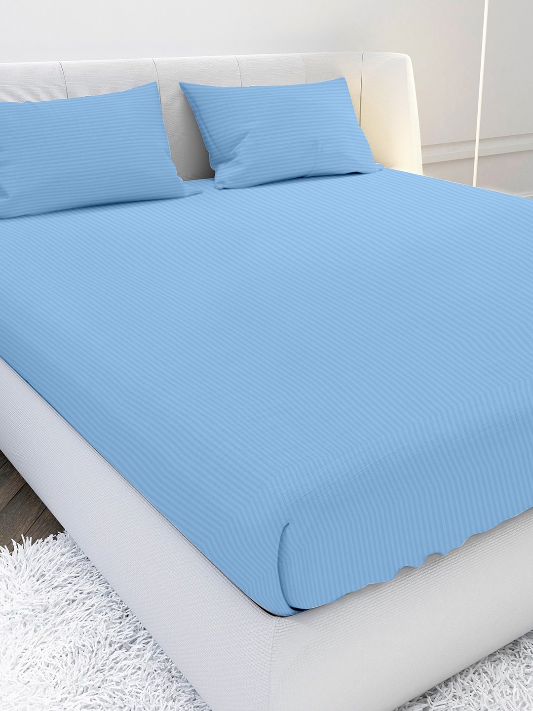 

MAYFAIR HOMES LONDON Blue Striped 210 TC Cotton King Bedsheet with 2 Pillow Covers