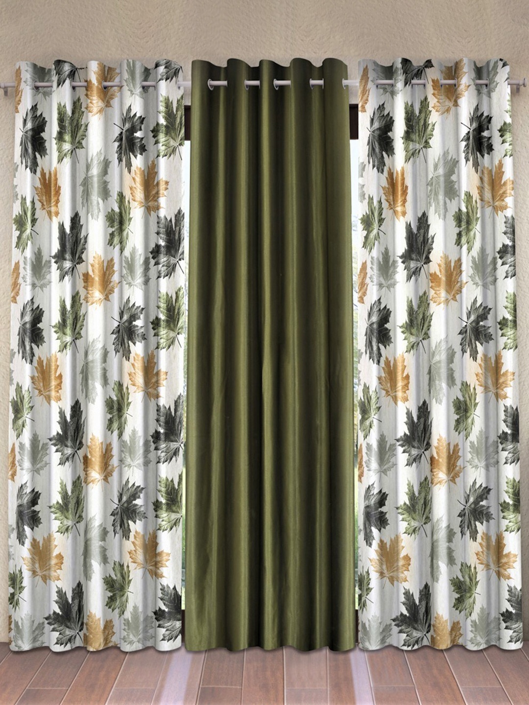 Home Sizzler Green & White Set of 3 Floral Door Curtain