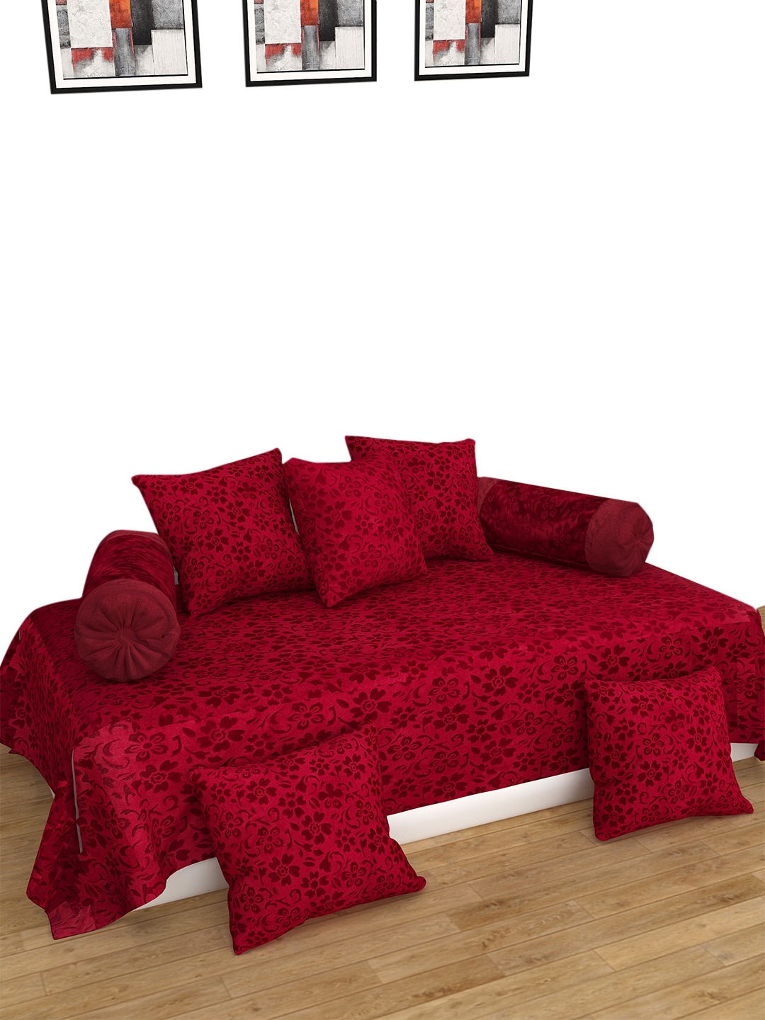 

Home Centre Corsica Red Set Of 8 Floral Embossed Diwan Set