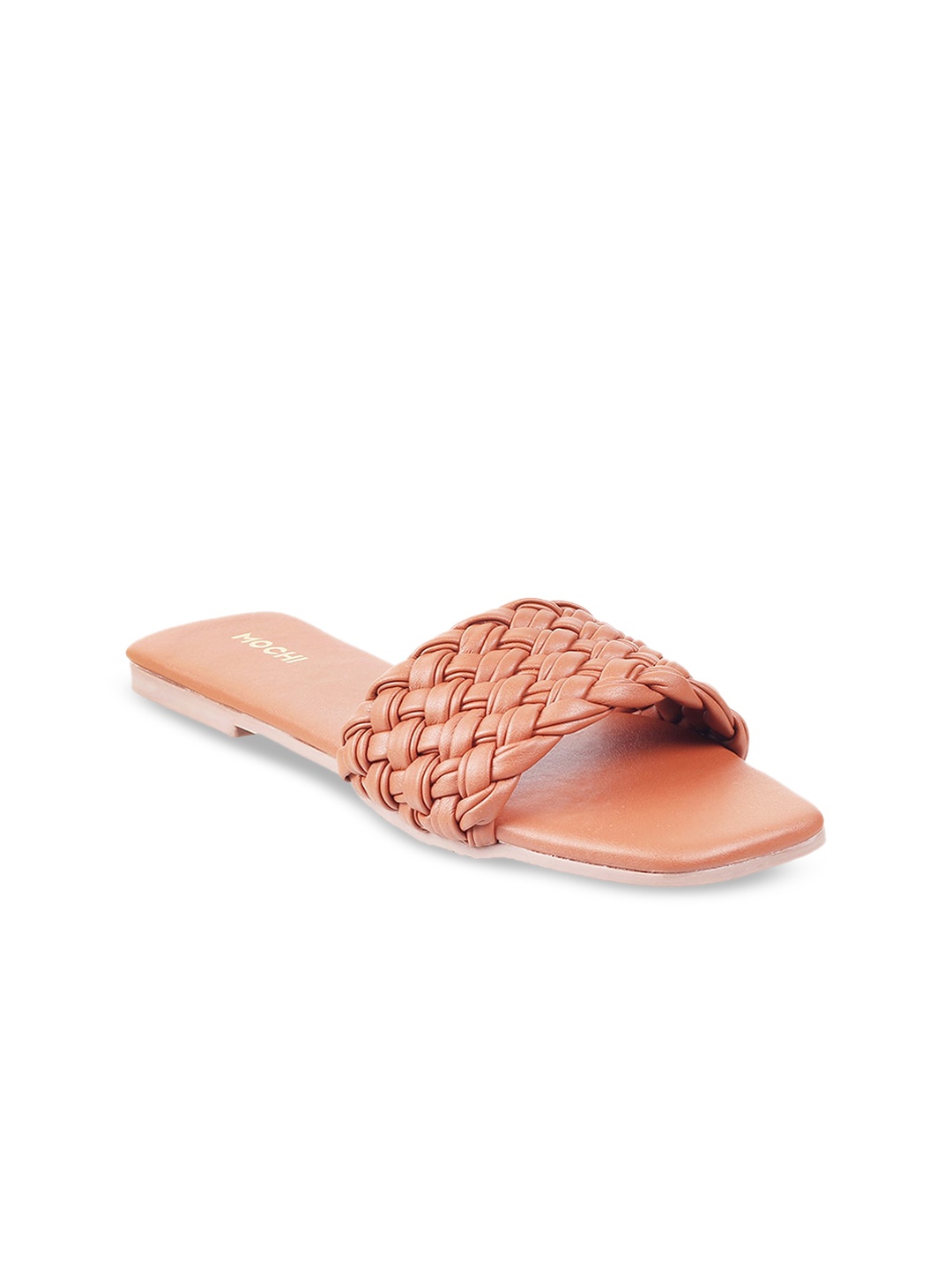 

Mochi Women Tan Open Toe Flats With Laser Cuts