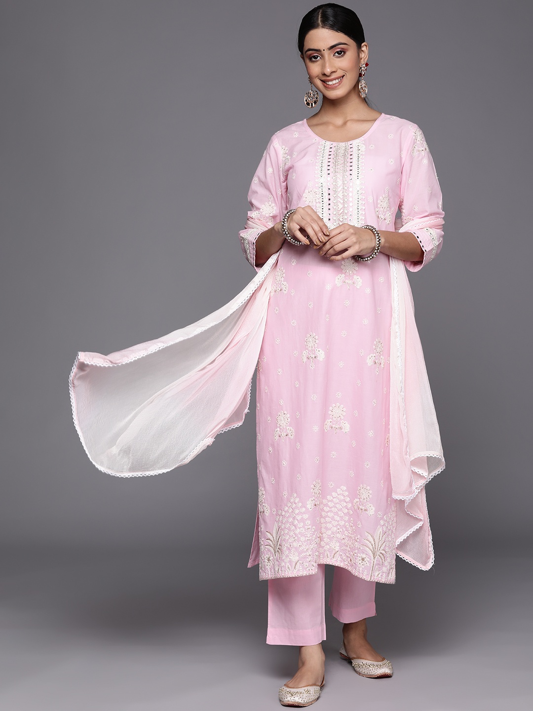 

Varanga Women Pink Floral Embroidered Mirror Work Pure Cotton Kurta with Trousers & With Dupatta