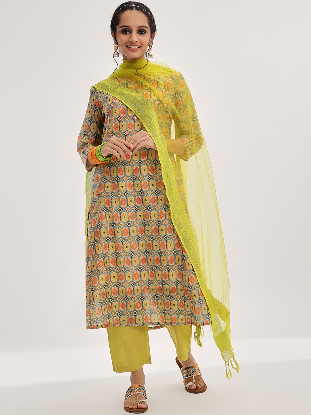 

Varanga Women Lime Green Ethnic Motifs Printed Mirror Work Kurta with Trousers & With Dupatta
