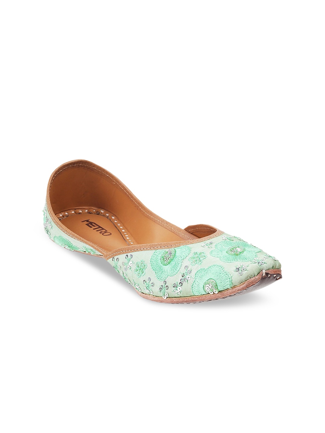 

Metro Women Green Embellished Ethnic Mojaris with Embroidered Flats