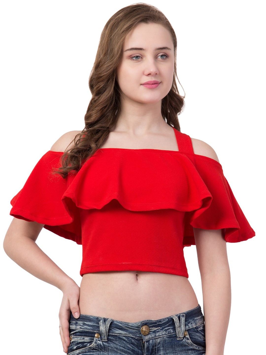 

Gaurgeous Women Red Solid Off-Shoulder Bardot Crop Top