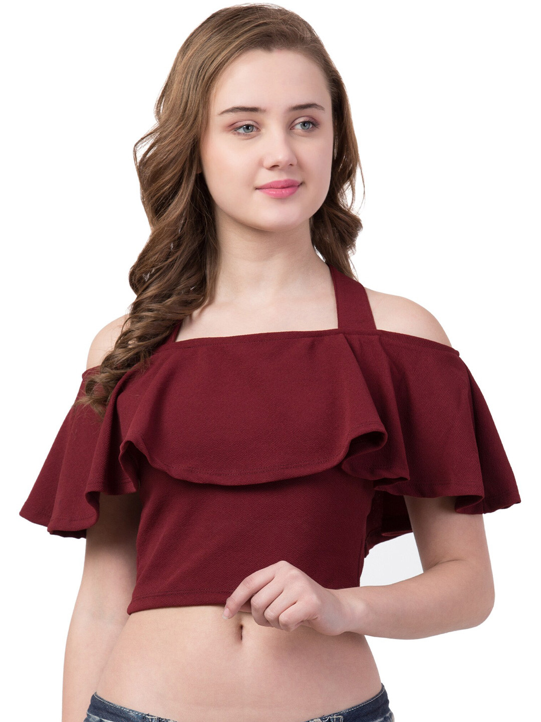 

Gaurgeous Maroon Halter Neck Ruffles Crop Top