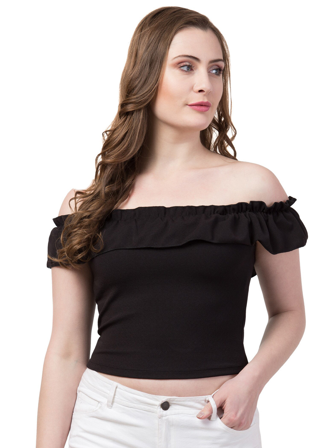 

Gaurgeous Women Black Off-Shoulder Crop Top