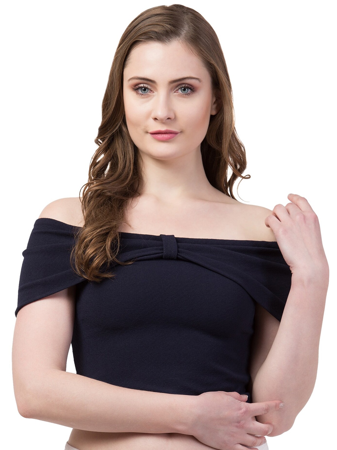 

Gaurgeous Navy Blue Off-Shoulder Bardot Crop Top