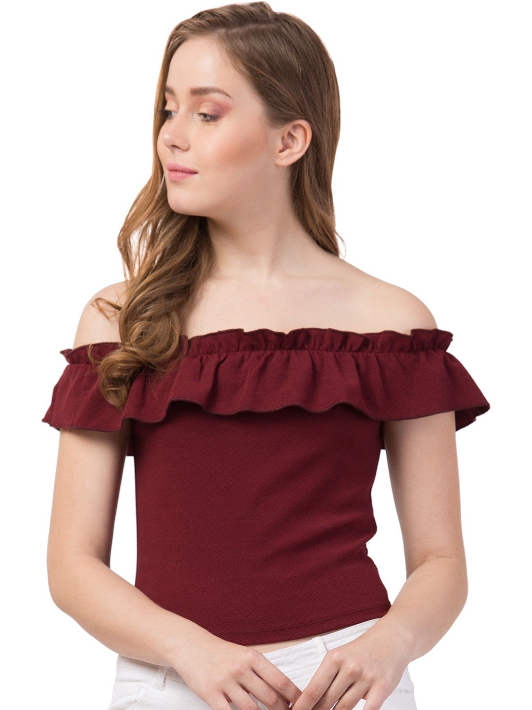 

Gaurgeous Maroon Off-Shoulder Bardot Crop Top