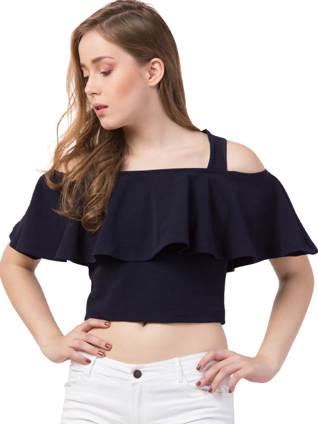 

Gaurgeous Women Navy Blue Off-Shoulder Bardot Crop Top