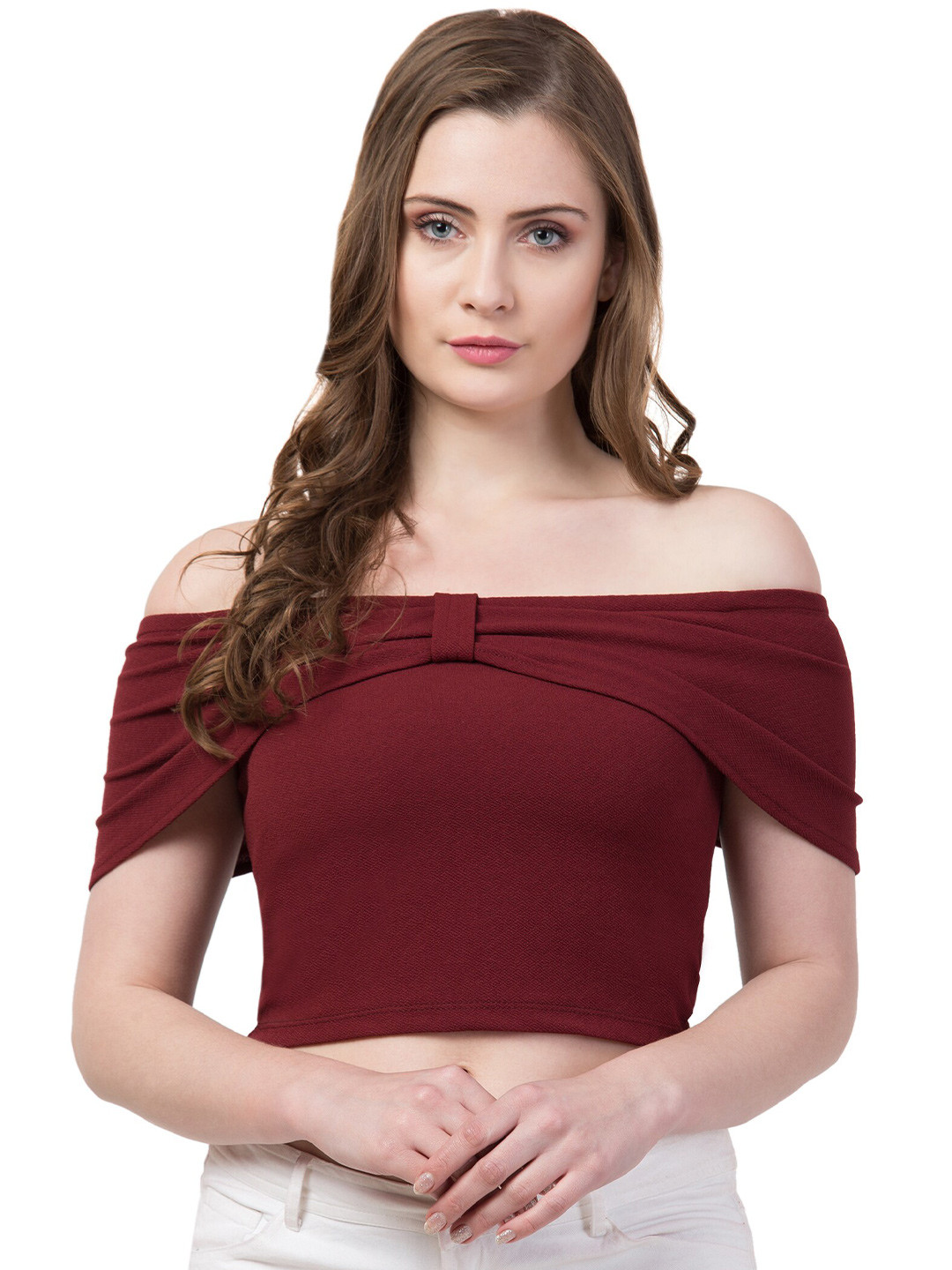

Gaurgeous Women Maroon Off-Shoulder Bardot Crop Top