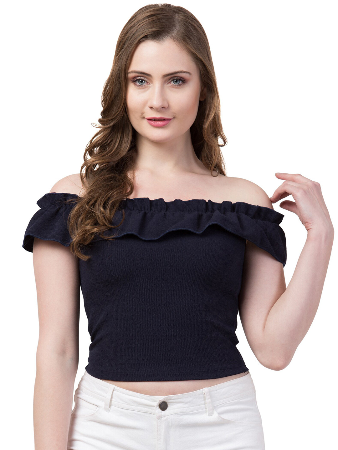 

Gaurgeous Women Navy Blue Off-Shoulder Bardot Crop Top
