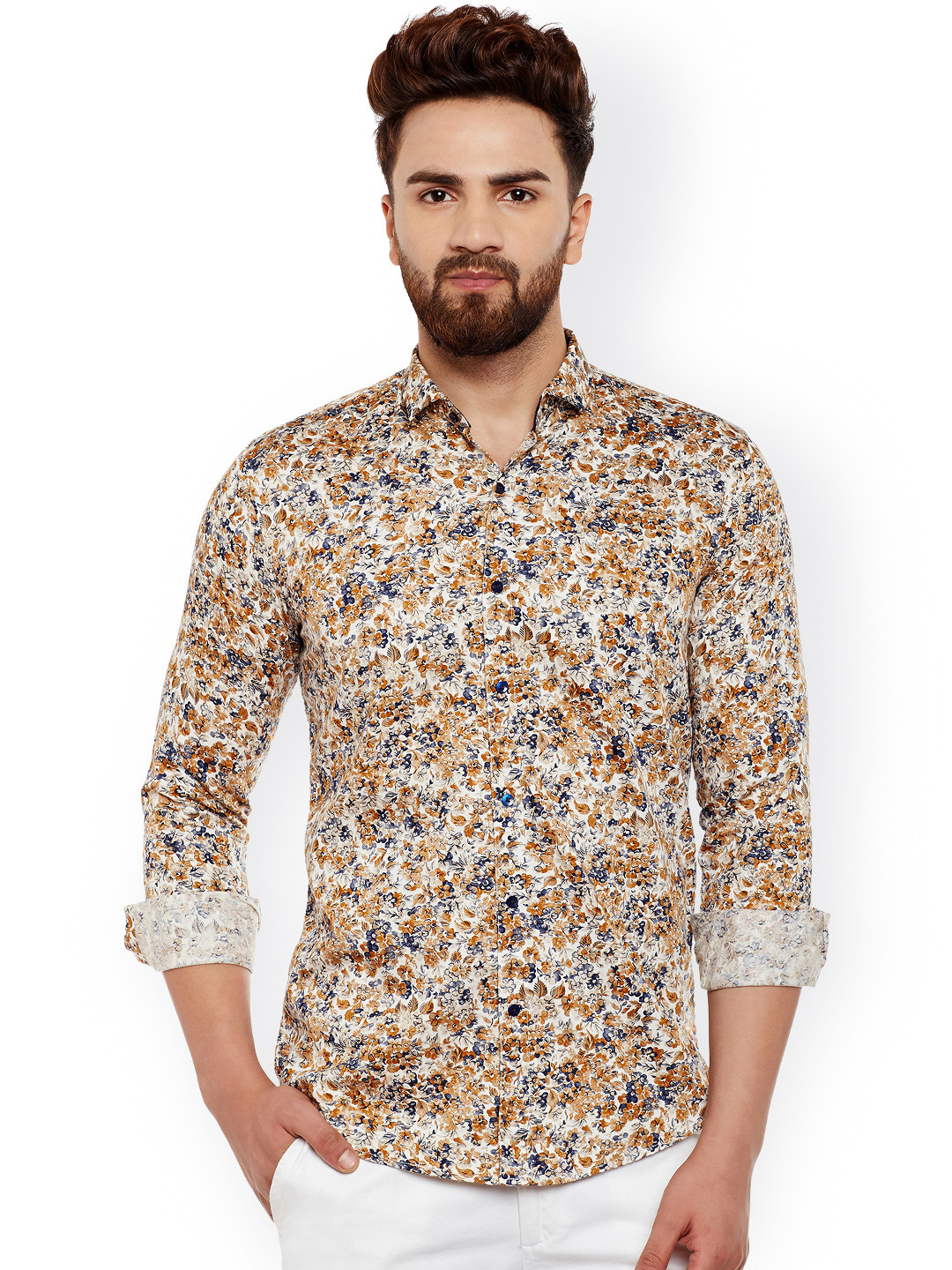 

DENNISON Men White & Brown Slim Fit Printed Casual Shirt