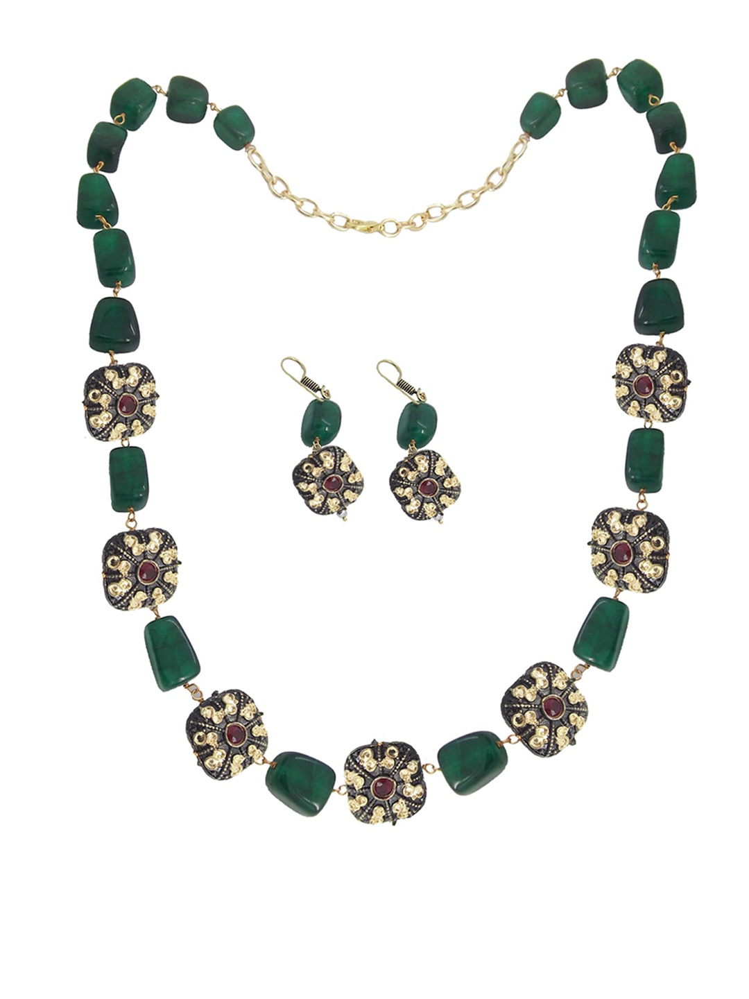 

FEMMIBELLA Gold-Toned Green & Red Stone Studded & Beaded Handcrafted Jewellery Set