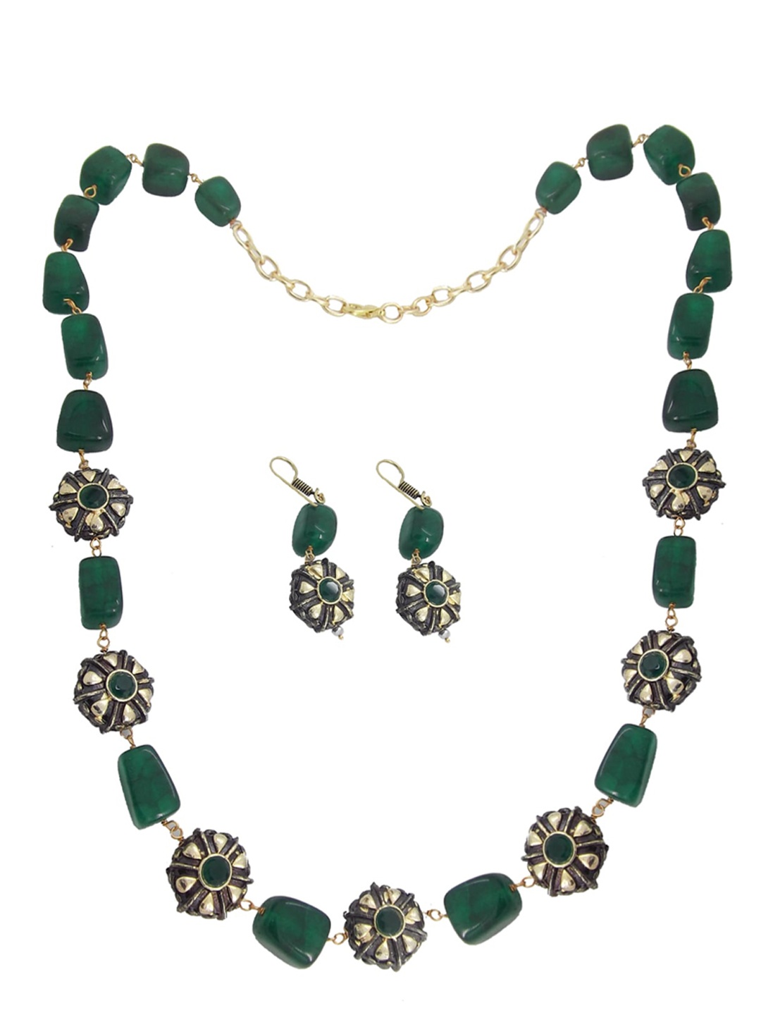 

FEMMIBELLA Gold-Toned Green CZ Studded & Beaded Handcrafted Jewellery Set