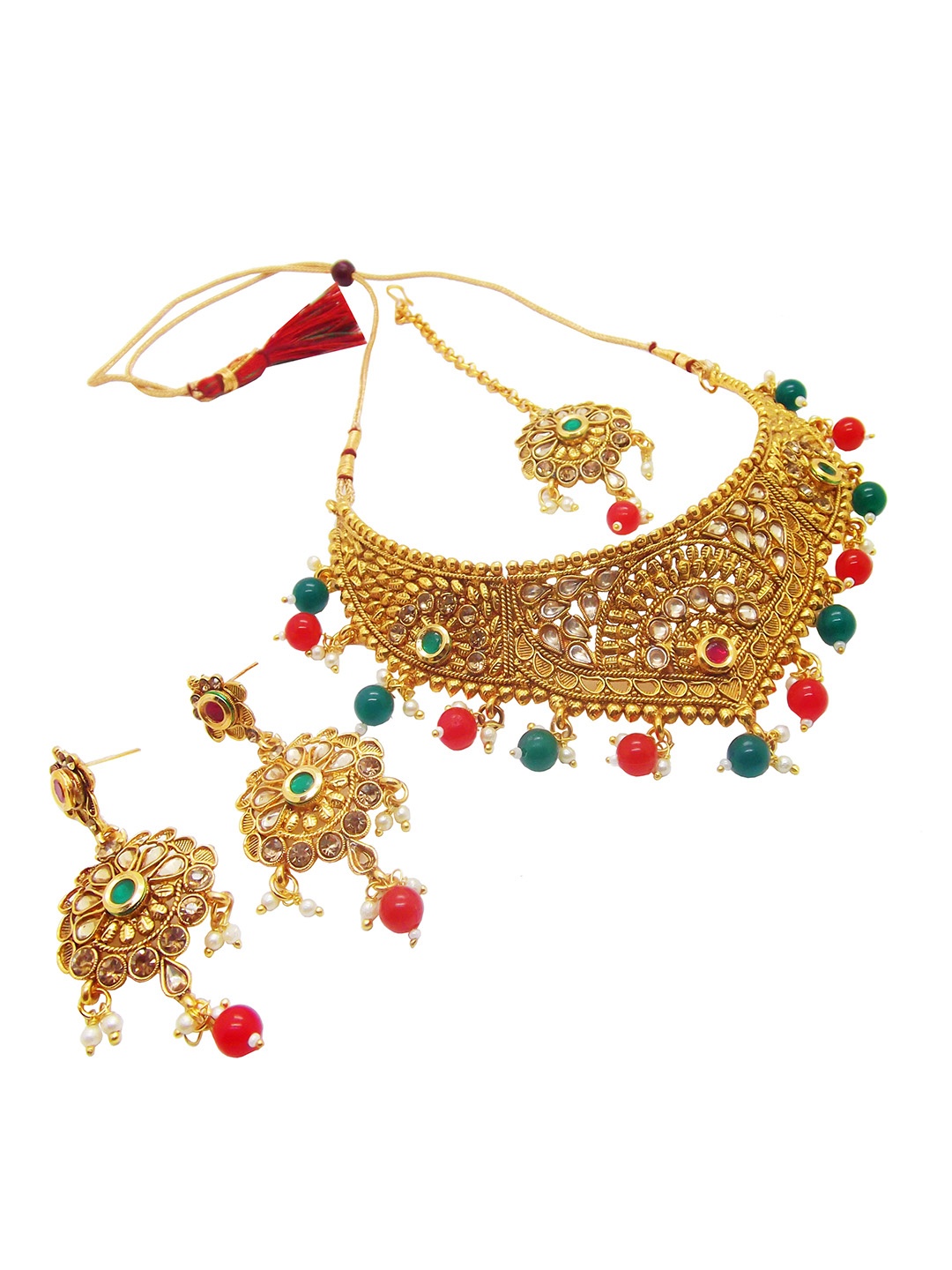 

FEMMIBELLA Gold-Plated Red & Green Kundan-Studded & Beaded Handcrafted Jewellery Set