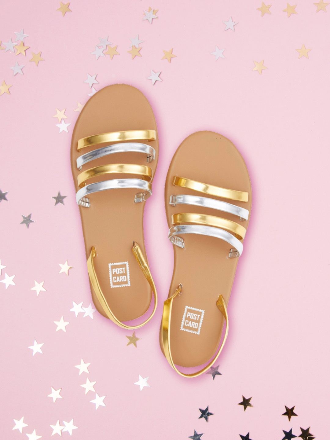 

POSTCARD Women Tan and Silver Colourblocked Open Toe Flats