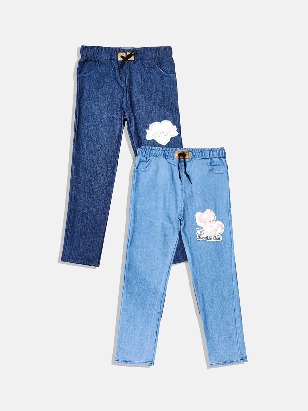 

PINVE Girls Pack Of 2 Blue Narrow Slim Fit Slash Knee Applique Stretchable Jeans