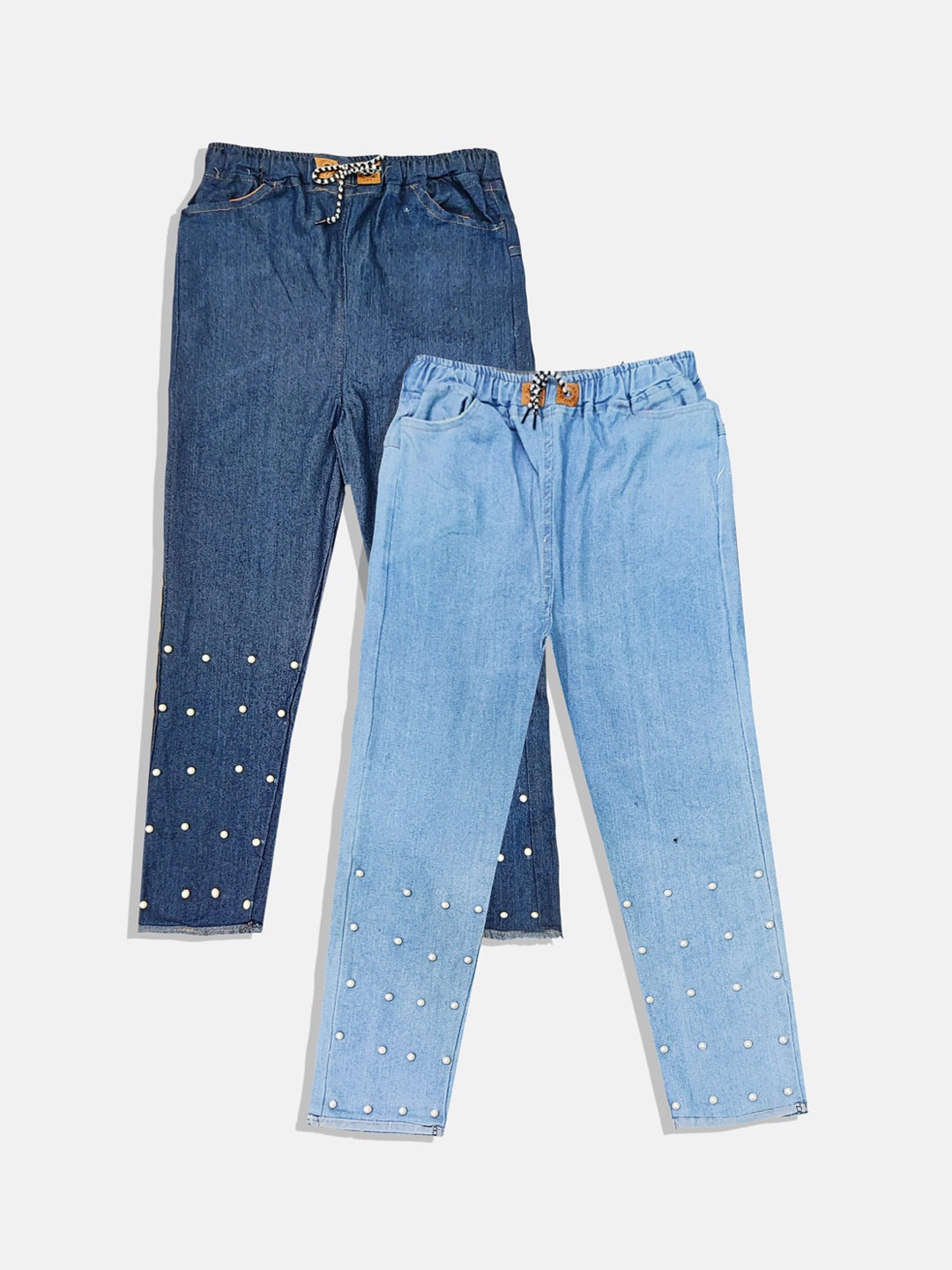 

PINVE Girls Pack of 2 Blue Narrow Slim Fit Low Distress Embroidered Stretchable Jeans