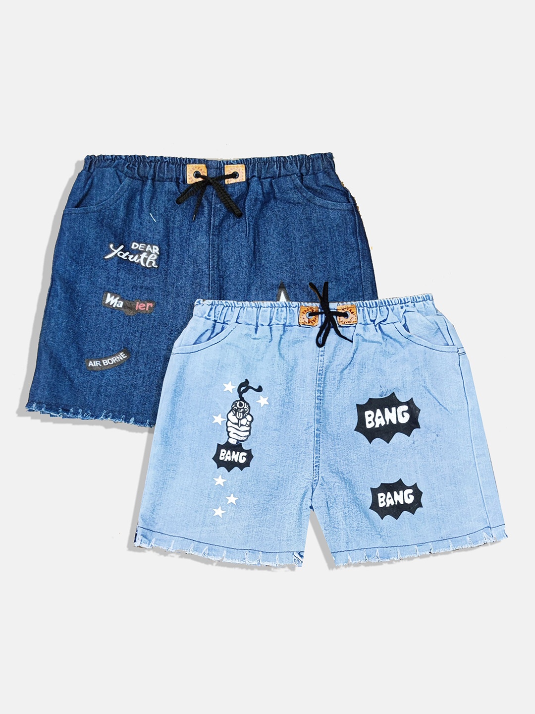 

PINVE Girls Pack Of 2 Blue Graphic Print Frayed Hem Denim Shorts