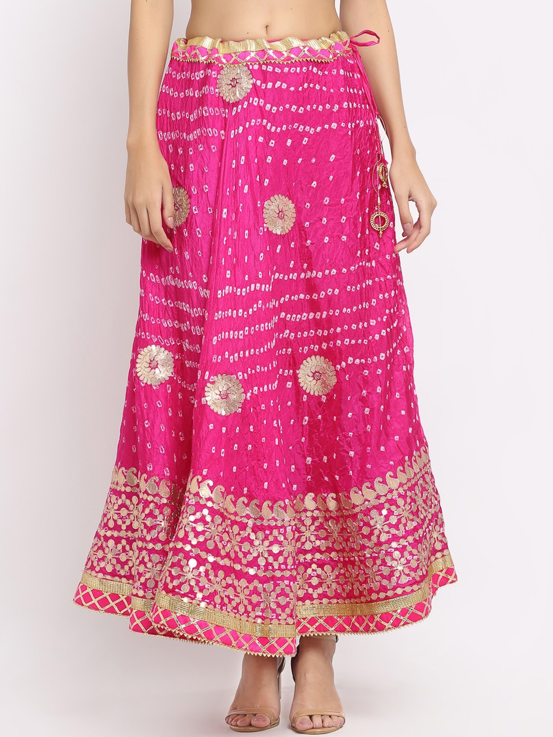 

SOUNDARYA Women Pink Printed Art Silk Gota Patti Flared Maxi Skirt