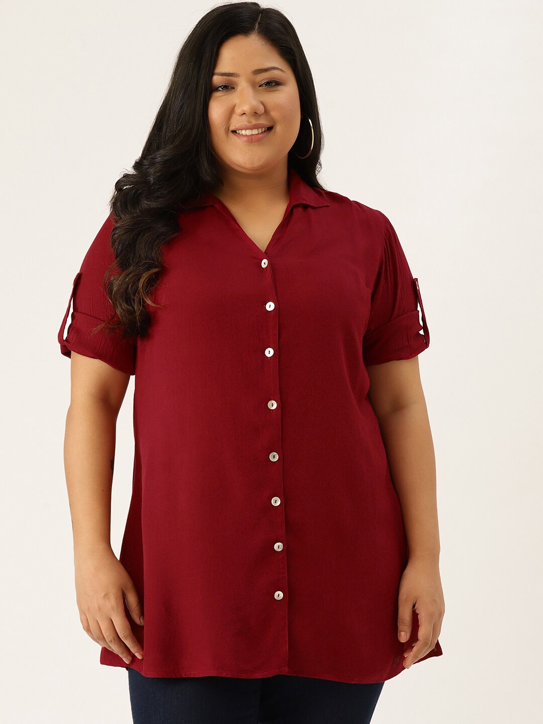 

theRebelinme Women Plus Size Maroon Casual Longline Shirt