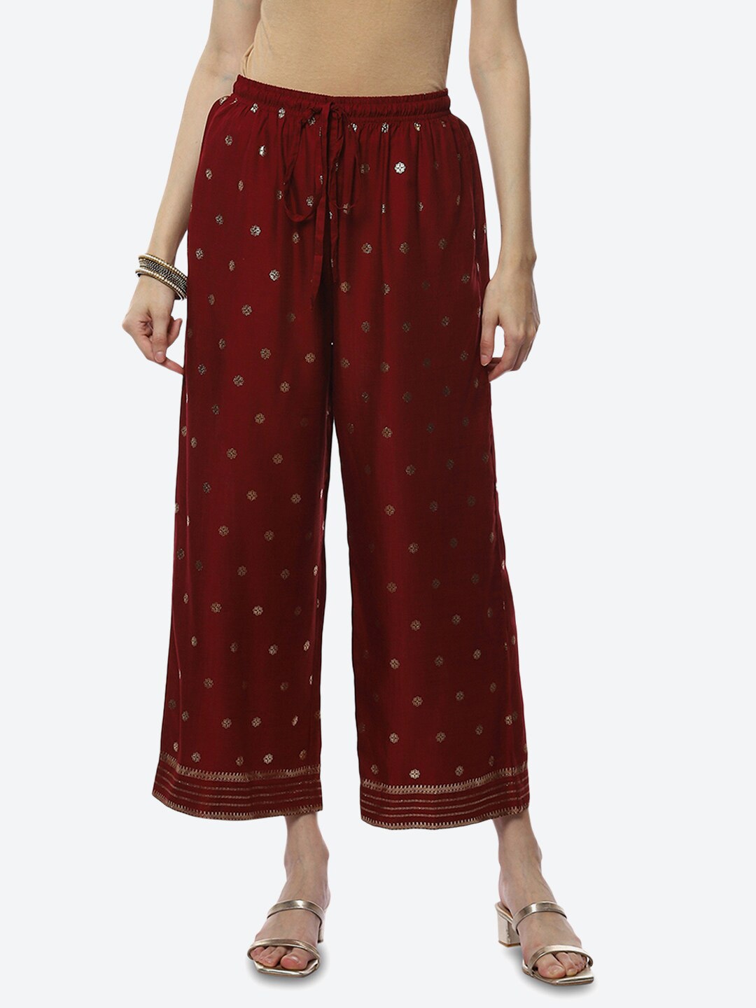 

Biba Women Maroon & Silver-Toned Printed Palazzos