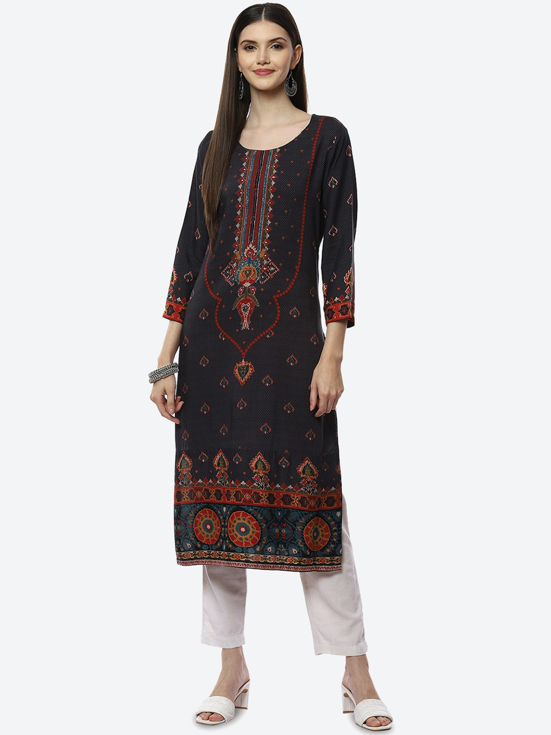 

Biba Women Black Ethnic Motifs Printed Yoke Design Kurta