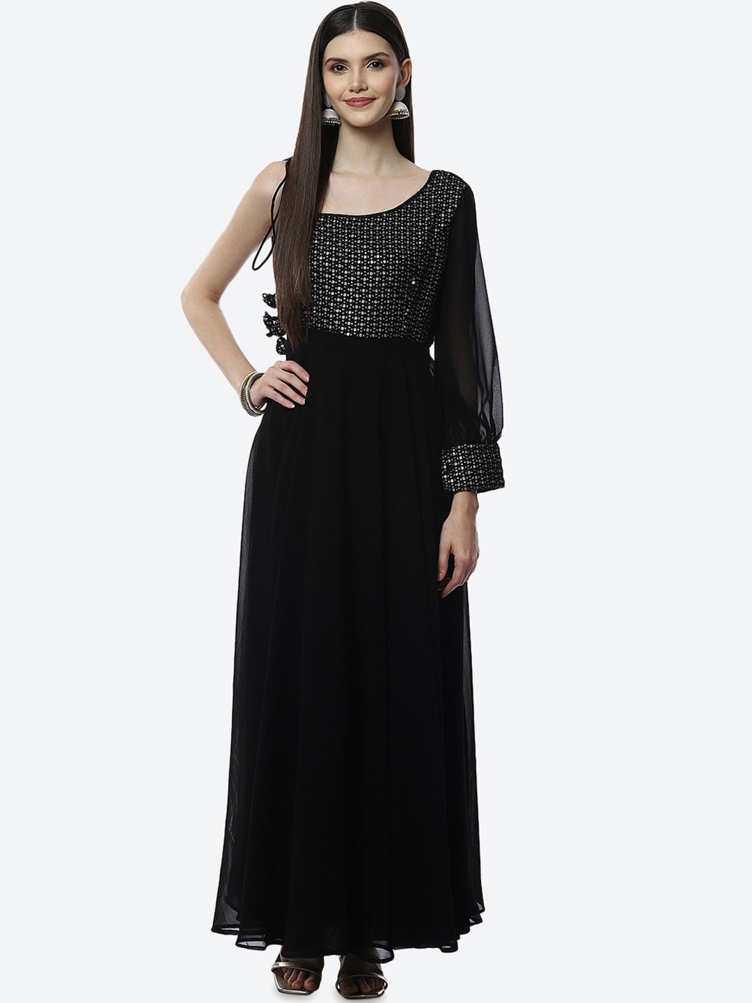 

Biba Women Black Sequins Embellished One Shoulder Kurta With Legging