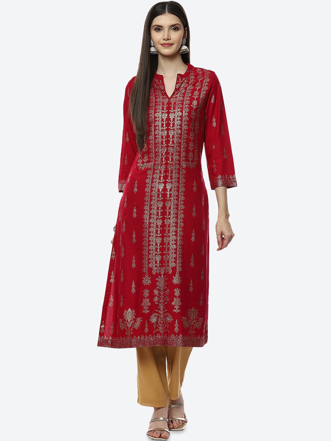 

Biba Women Fuchsia Ethnic Motifs Keyhole Neck Kurta