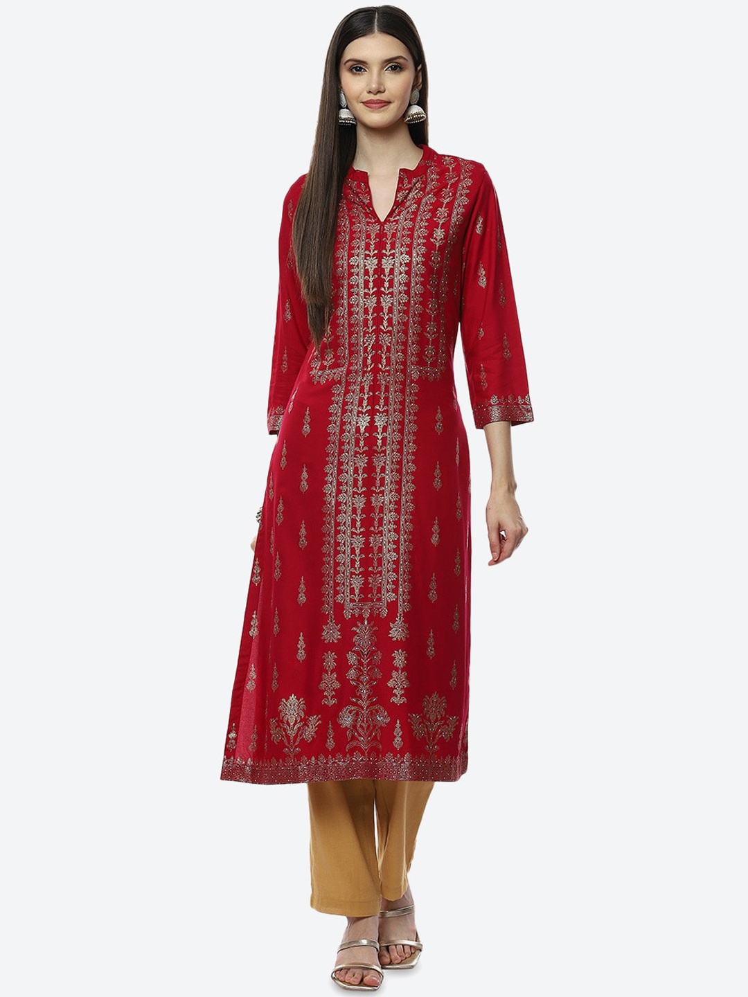 

Biba Women Fuchsia Ethnic Motifs Keyhole Neck Kurta