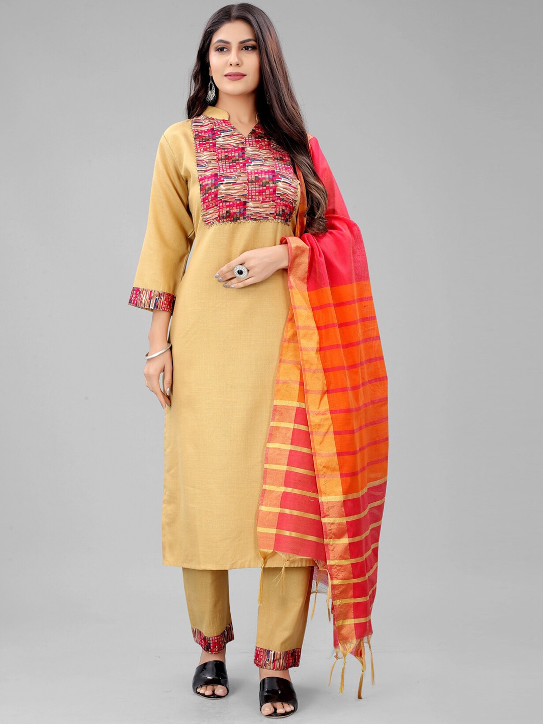 

MARUTI ART Women Beige Yoke Design Kurta with Trousers & With Dupatta