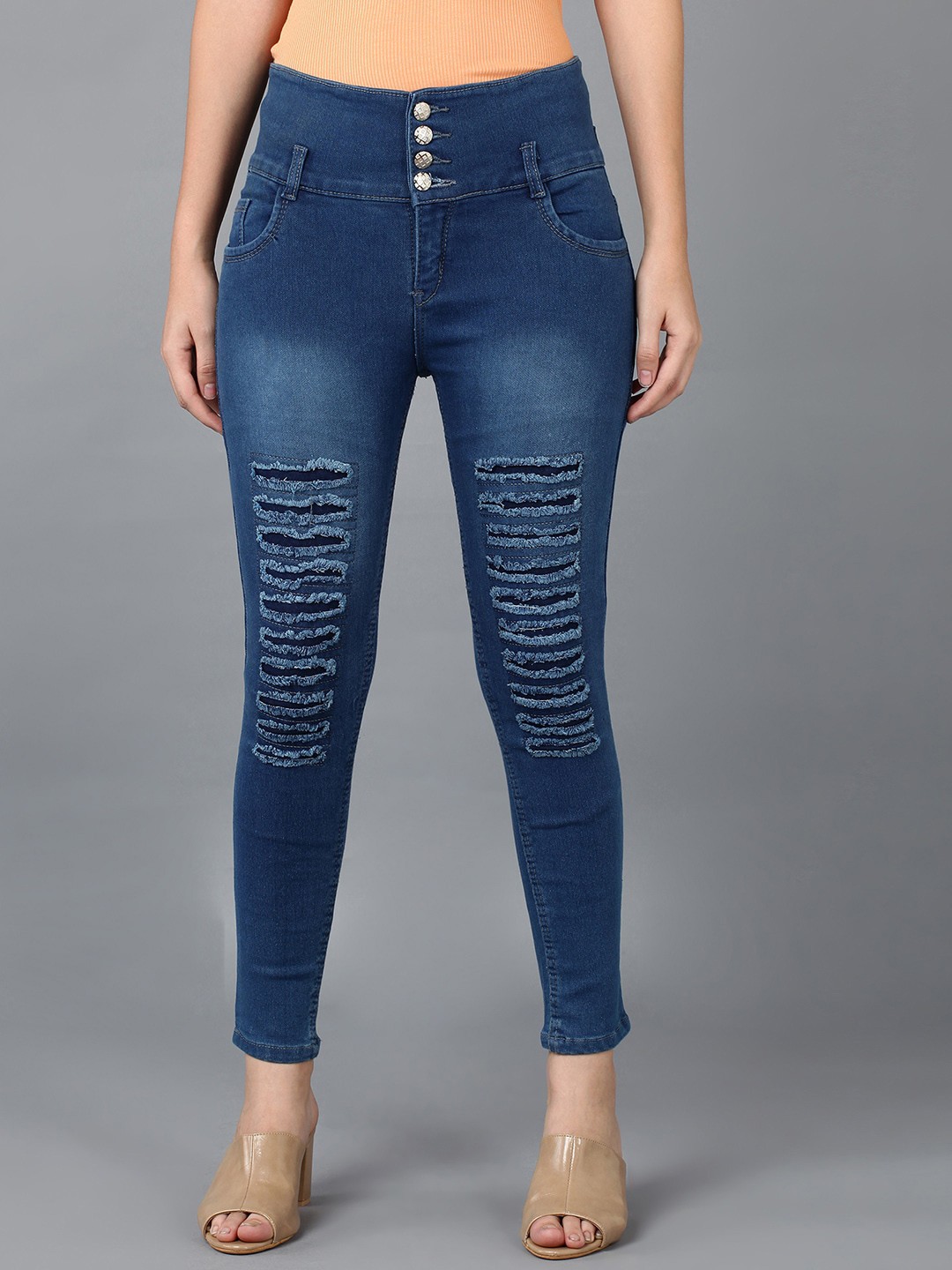 

F2M Women Green Slim Fit High-Rise Mildly Distressed Light Fade Stretchable Jeans