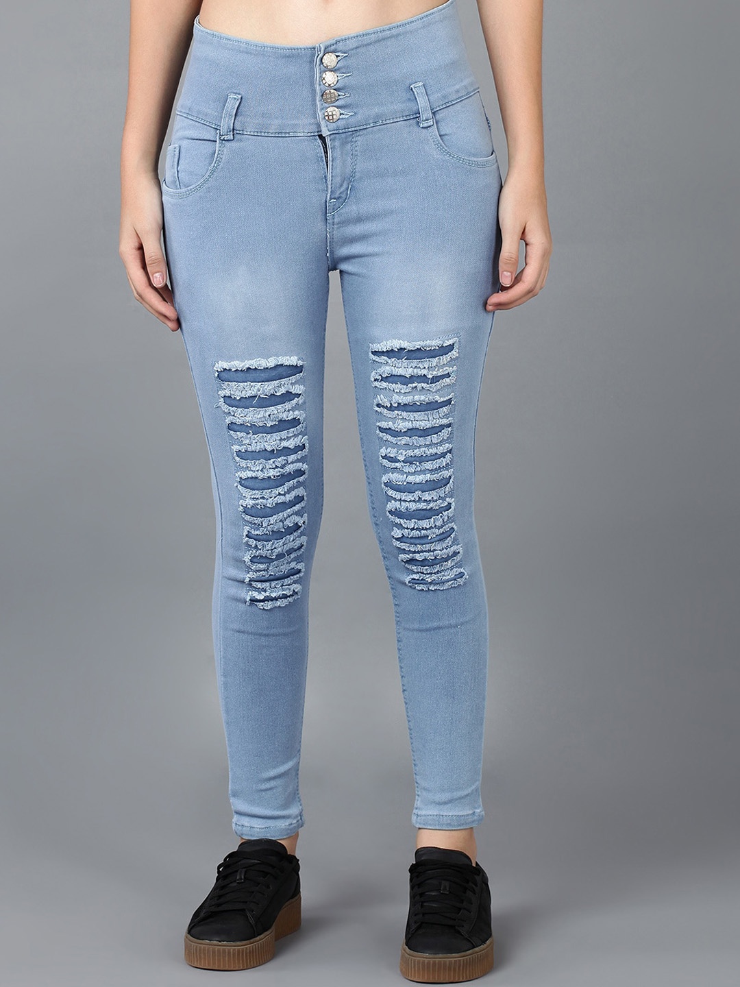 

F2M Women Blue Slim Fit High-Rise Highly Distressed Light Fade Stretchable Jeans