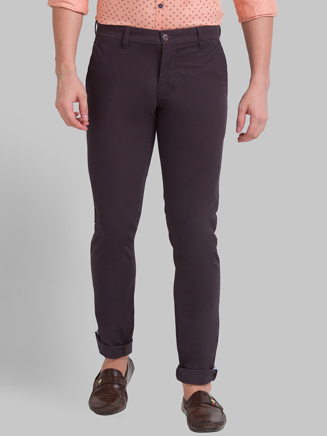 

Parx Men Grey Tapered Fit Chinos Trousers, Brown