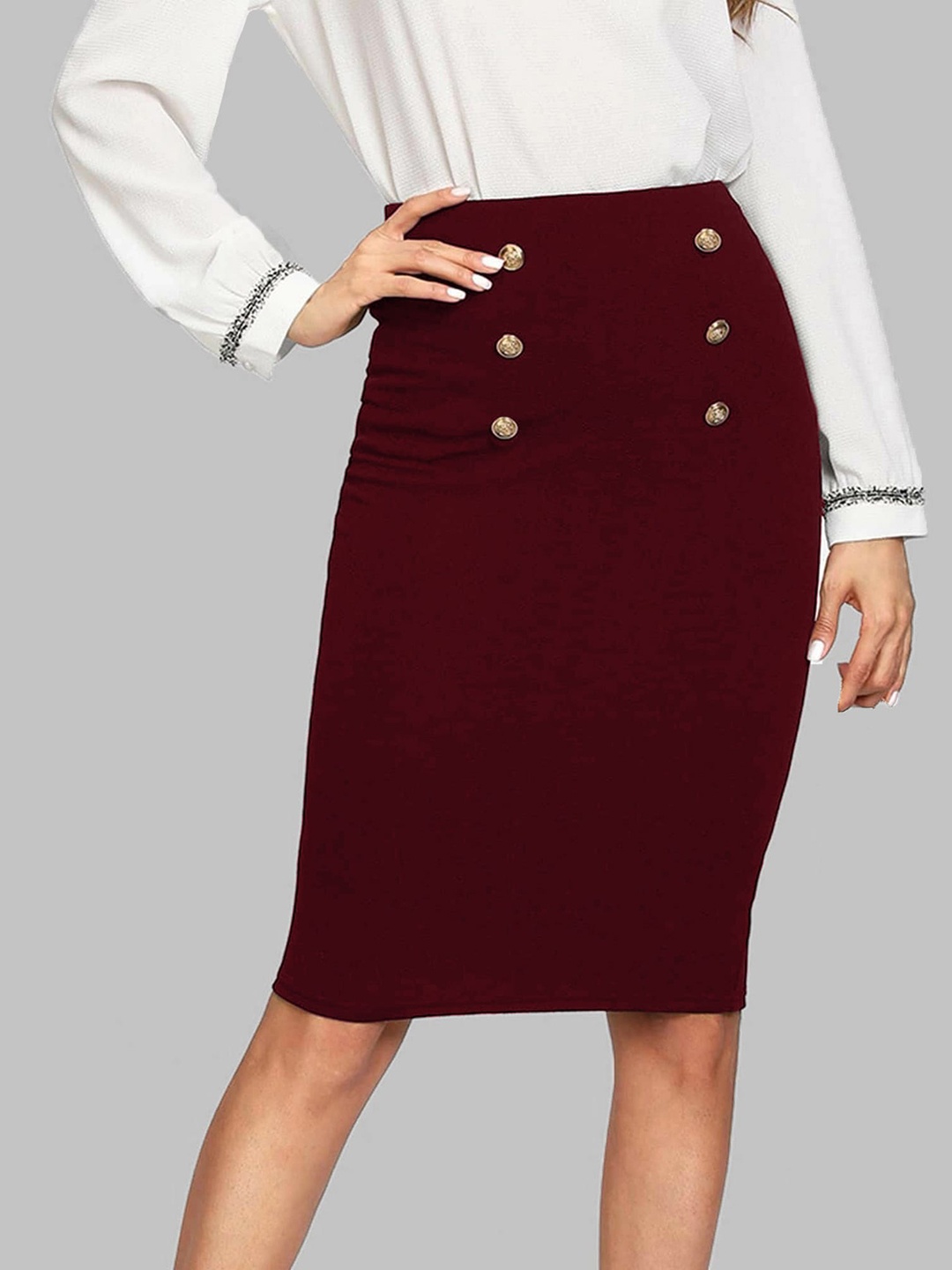 

ADDYVERO Women Maroon Solid Knee Length Pencil Skirts