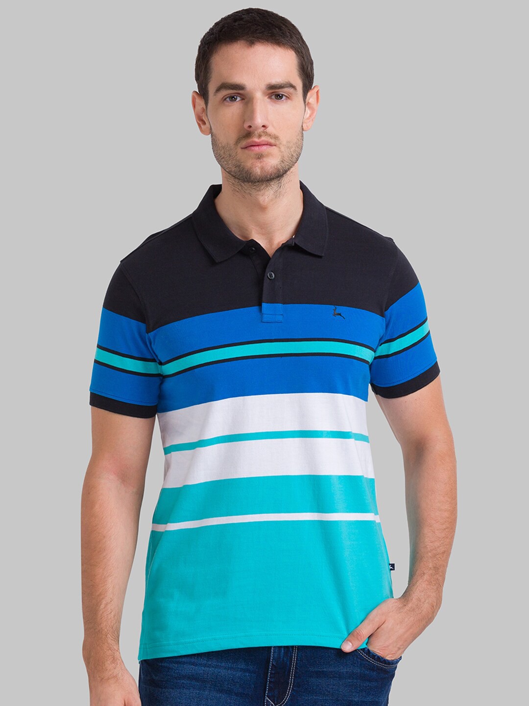 

Parx Men Black Striped Polo Collar Applique T-shirt
