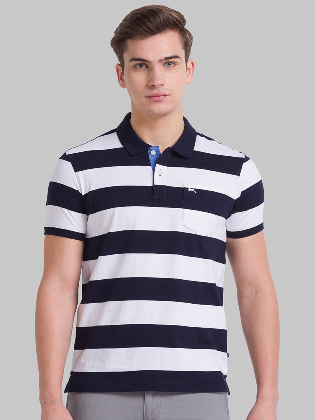 

Parx Men Blue Striped Polo Collar T-shirt
