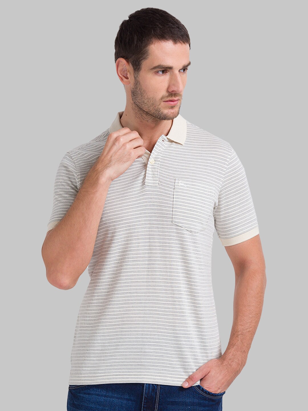 

Parx Men Beige Striped Polo Collar T-shirt